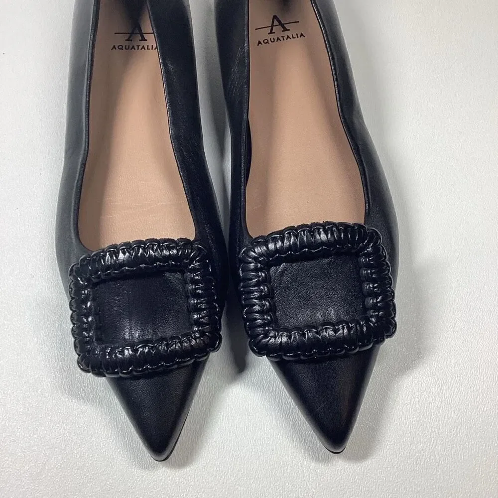 Aquatalia Adorned Black Woven‎ Leather Square Toe Flats  Size 7